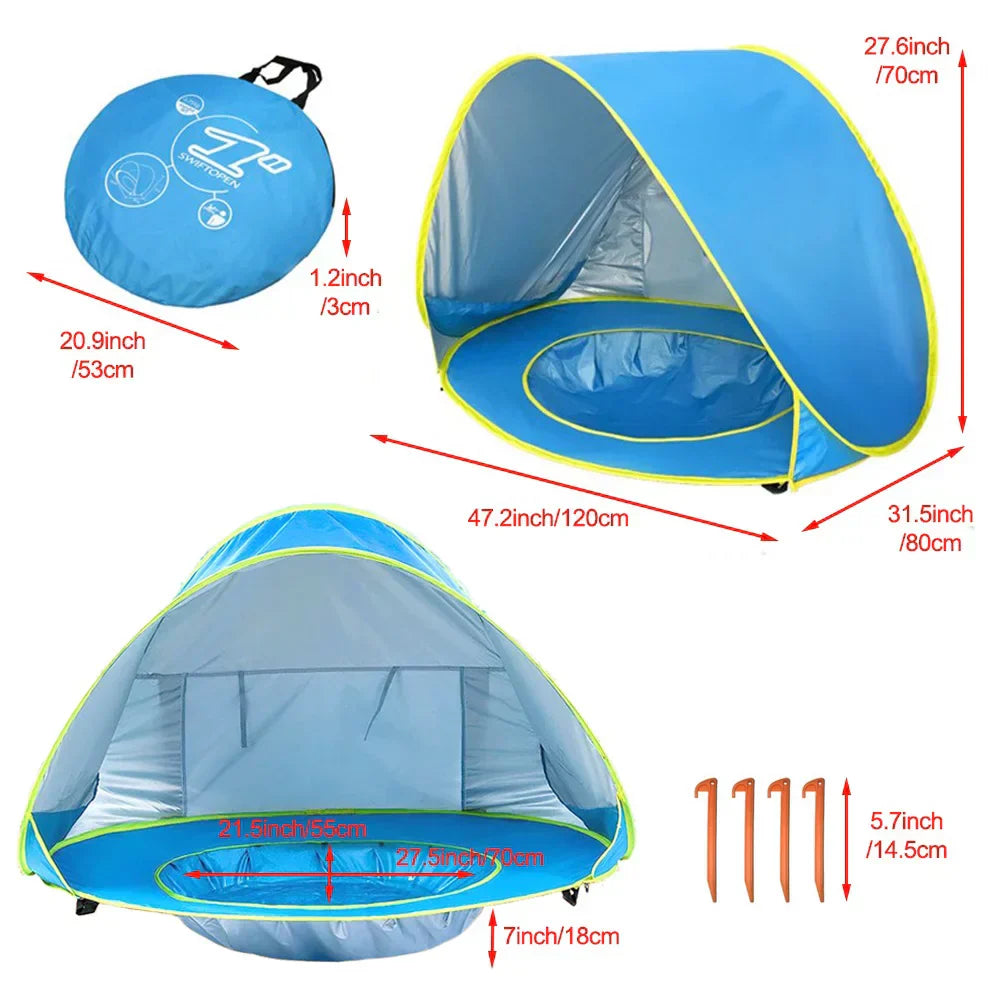 De Baby Beach Bumble Tent biedt een veilige en schaduwrijke plek voor je baby op het strand