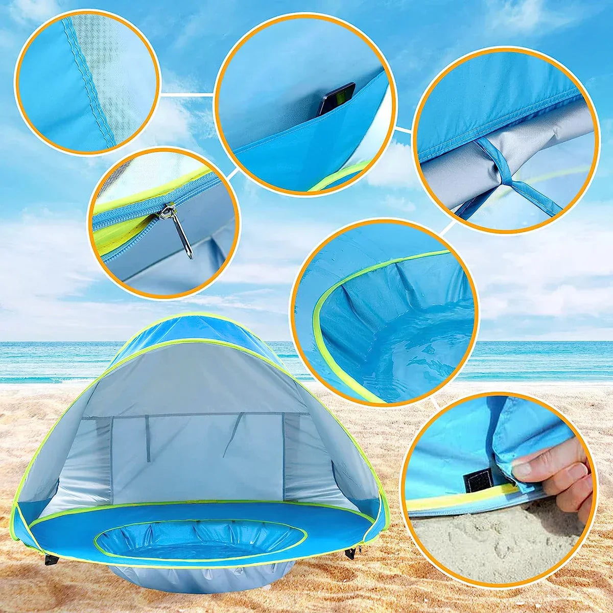 De Baby Beach Bumble Tent biedt een veilige en schaduwrijke plek voor je baby op het strand